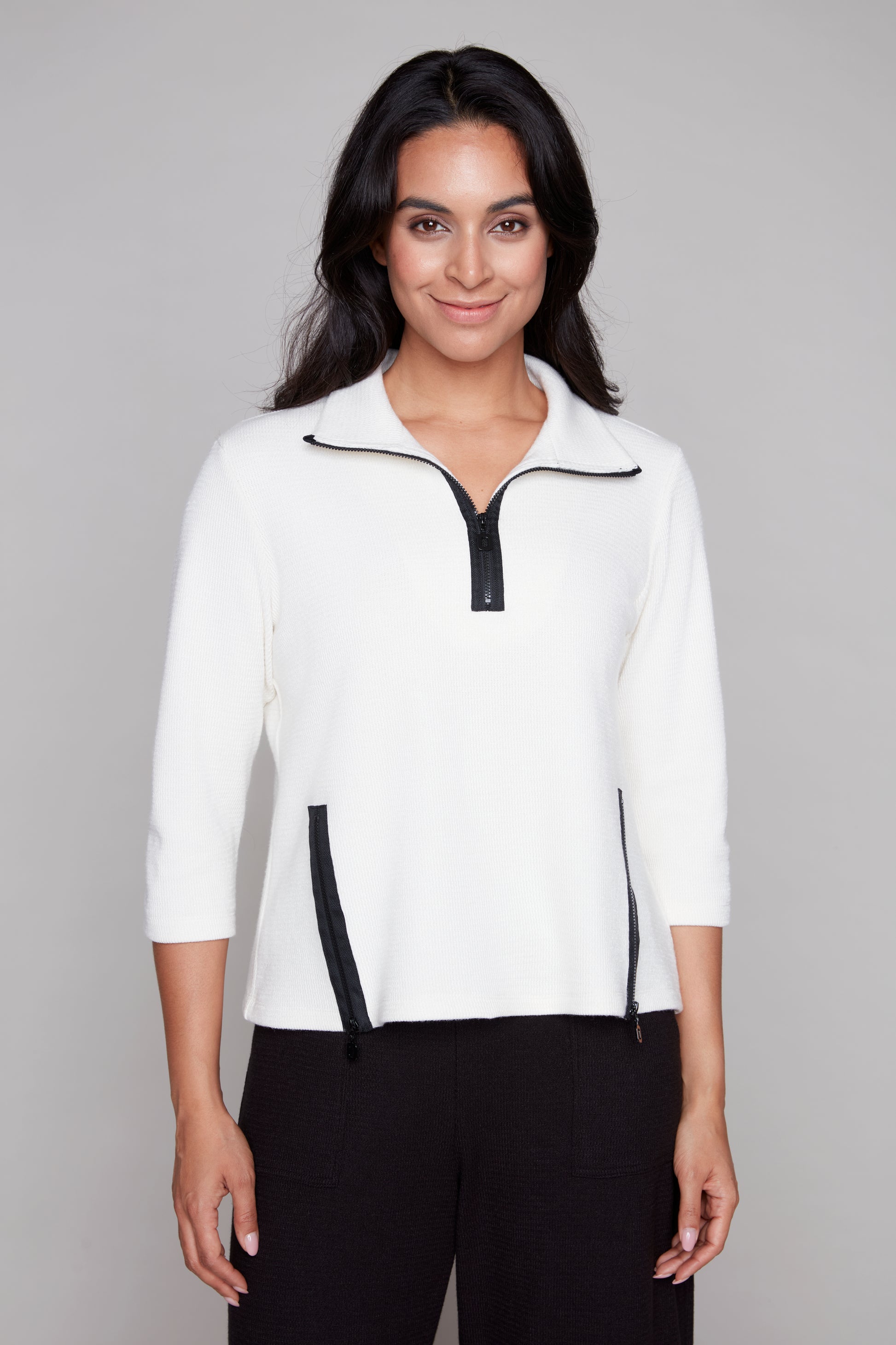 3/4 Sleeve Waffle Knit Top w/Zip Detail