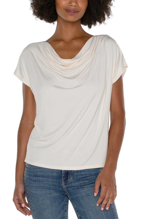 Short Sleeve Draped Cowl Neck Knit Top