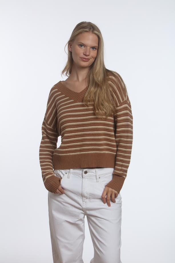 Ottoman Stripe Drop shoulder V Neck