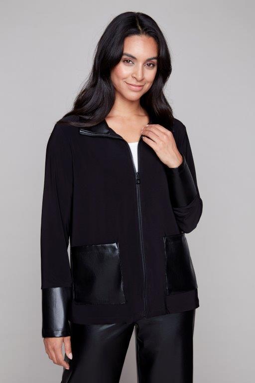 Vegan Leather Detail Zip Up Jacket