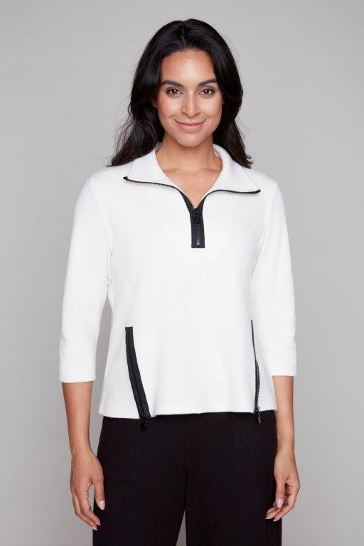 3/4 Sleeve Waffle Knit Top w/Zip Detail
