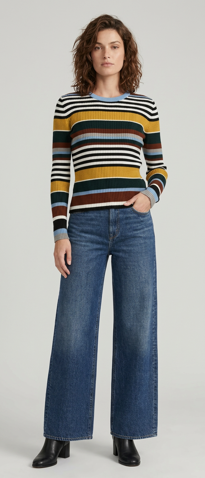 Rib Crew Neck w/Multi Stripe Sleeve Detail