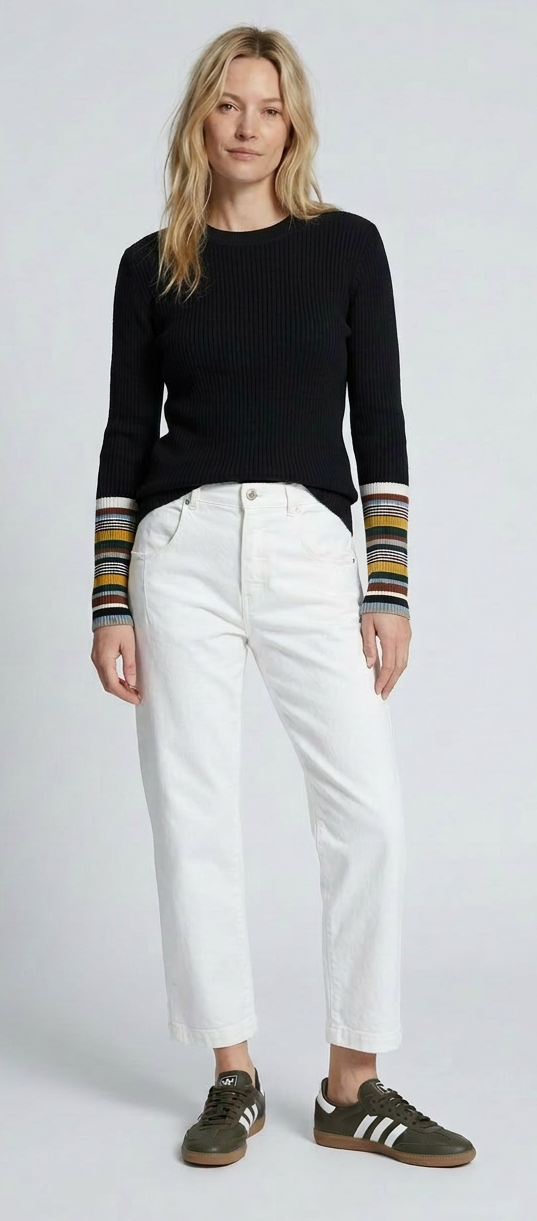 Rib Crew Neck w/Multi Stripe Sleeve Detail