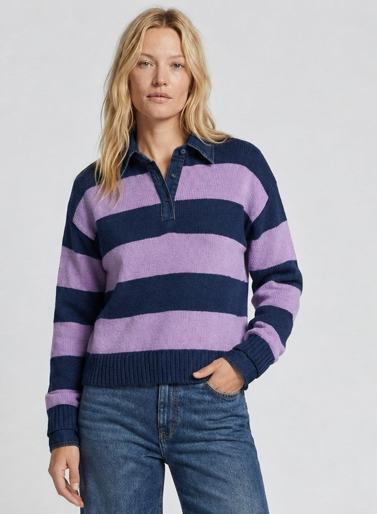 Rugby Striped Polo With Denim Collar