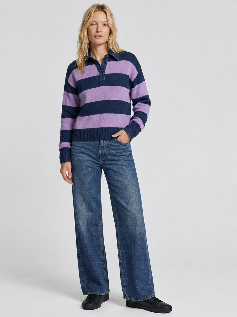 Rugby Striped Polo With Denim Collar