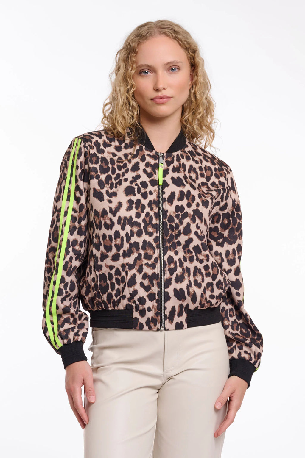 Leopard Bomber Jacket W/Neon Sleeve