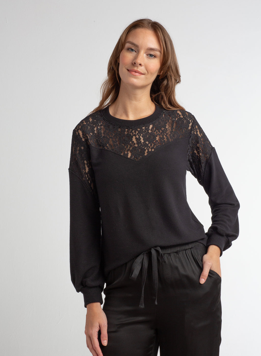 Bell Sleeve Brushed Hacci w/Lace Top