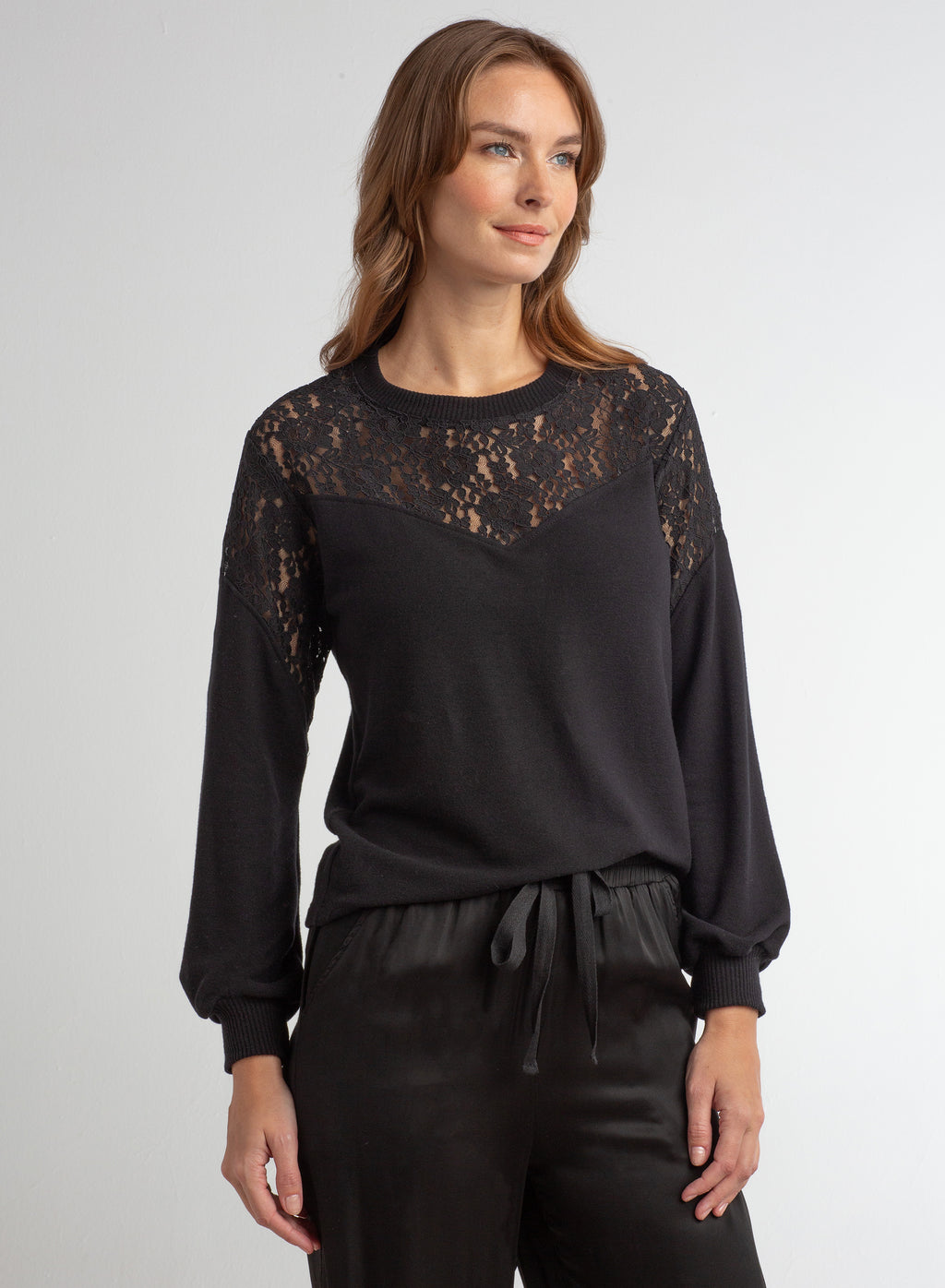 Bell Sleeve Brushed Hacci w/Lace Top