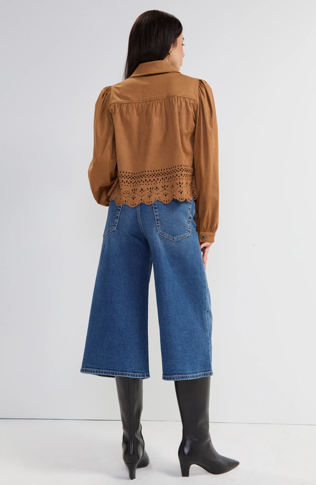Laser Cut Hem Puff Sleeve Jacket