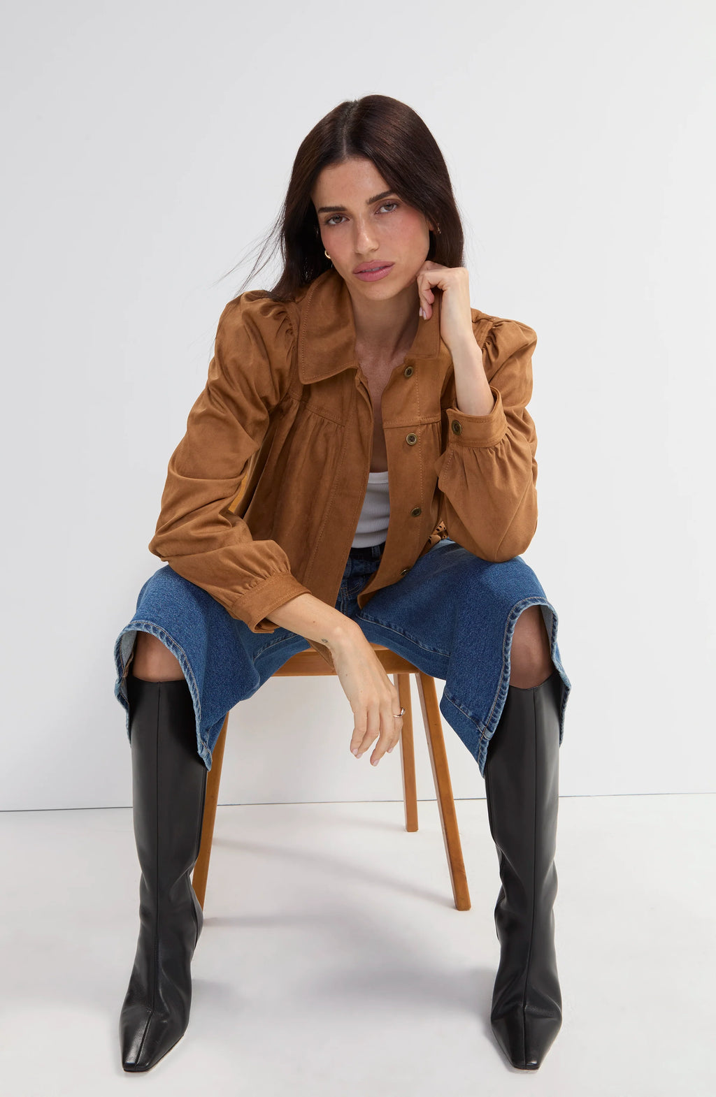 Laser Cut Hem Puff Sleeve Jacket