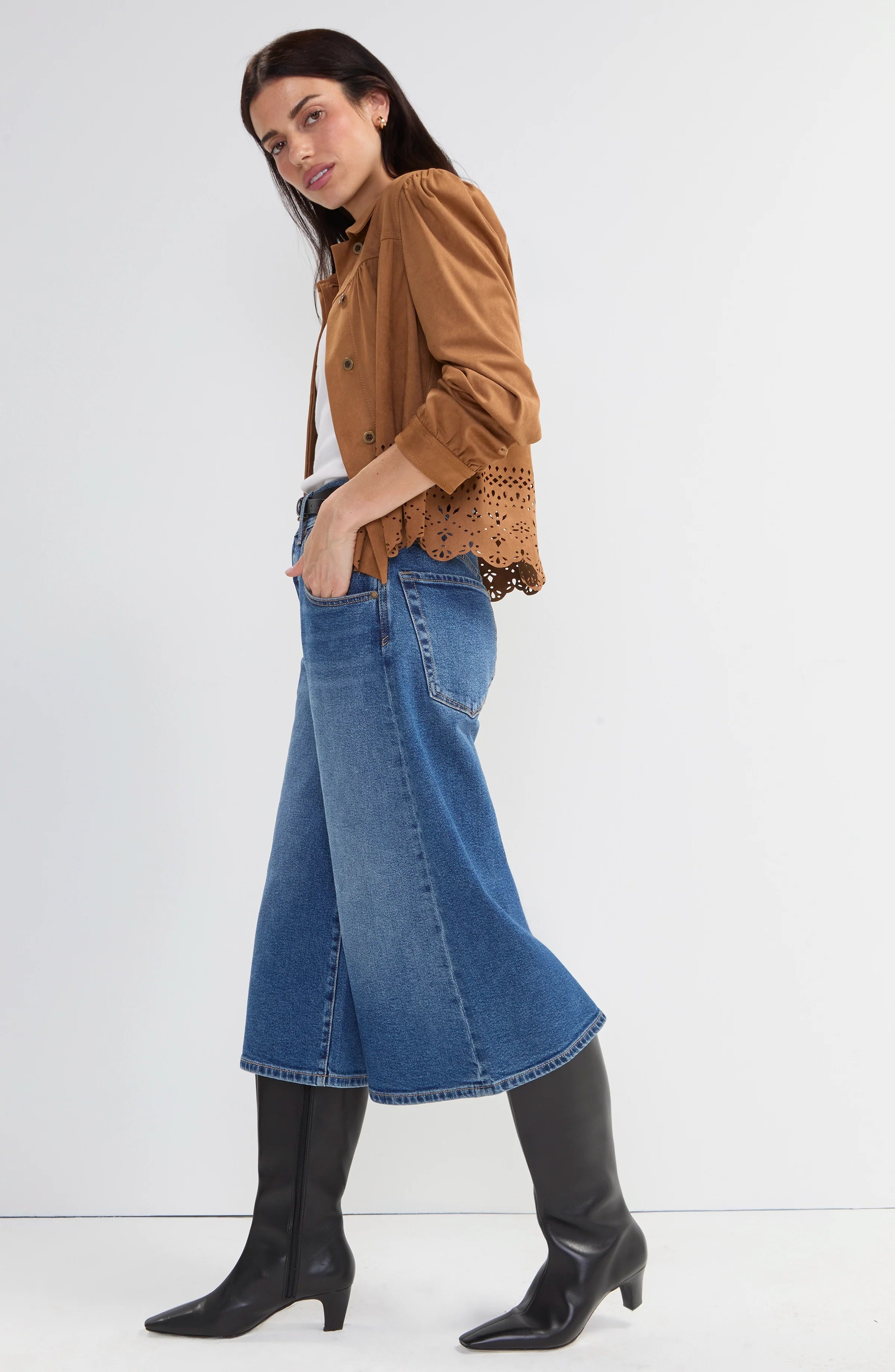 Laser Cut Hem Puff Sleeve Jacket