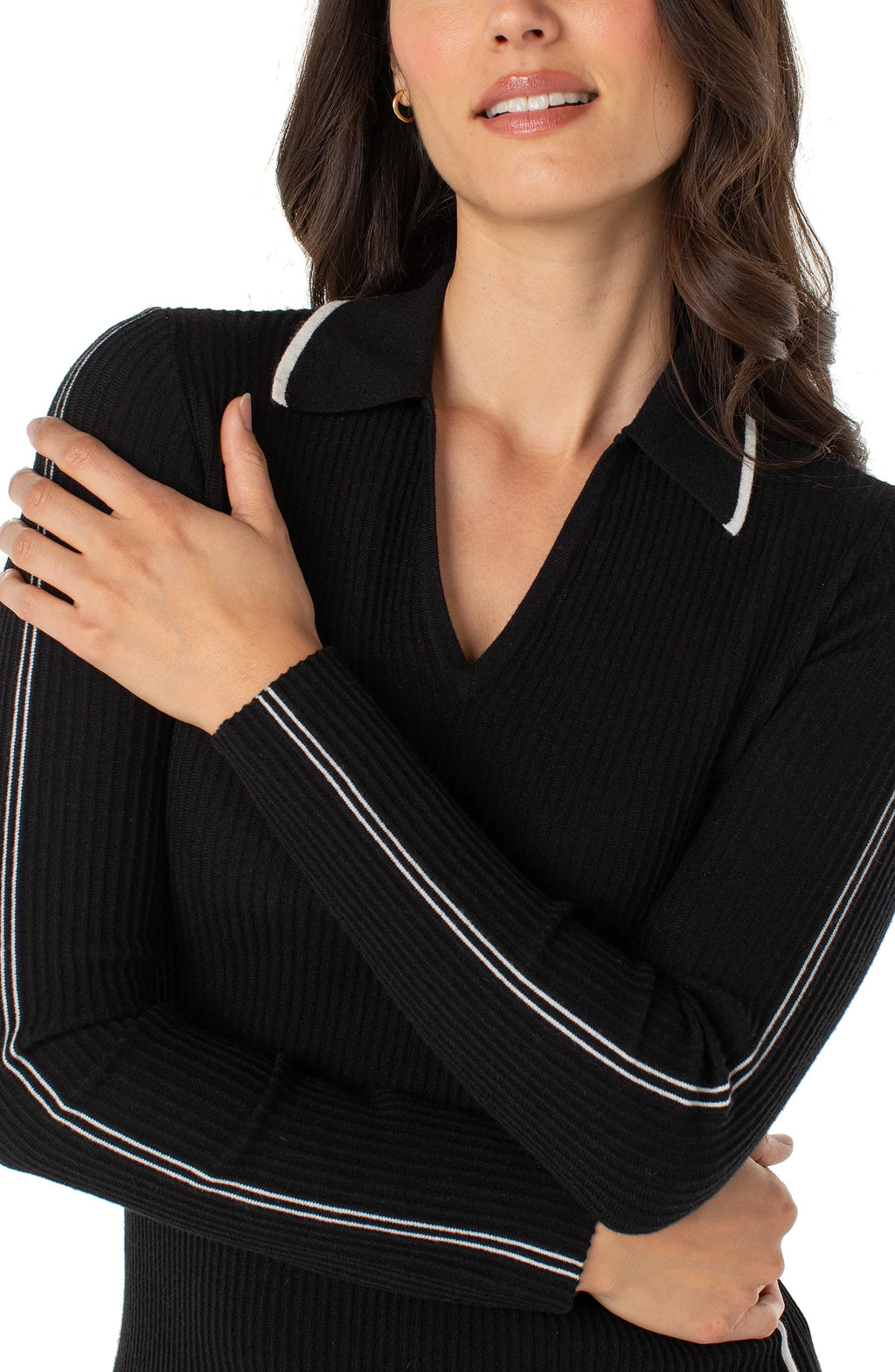 Long Sleeve V Neck Collared Sweater