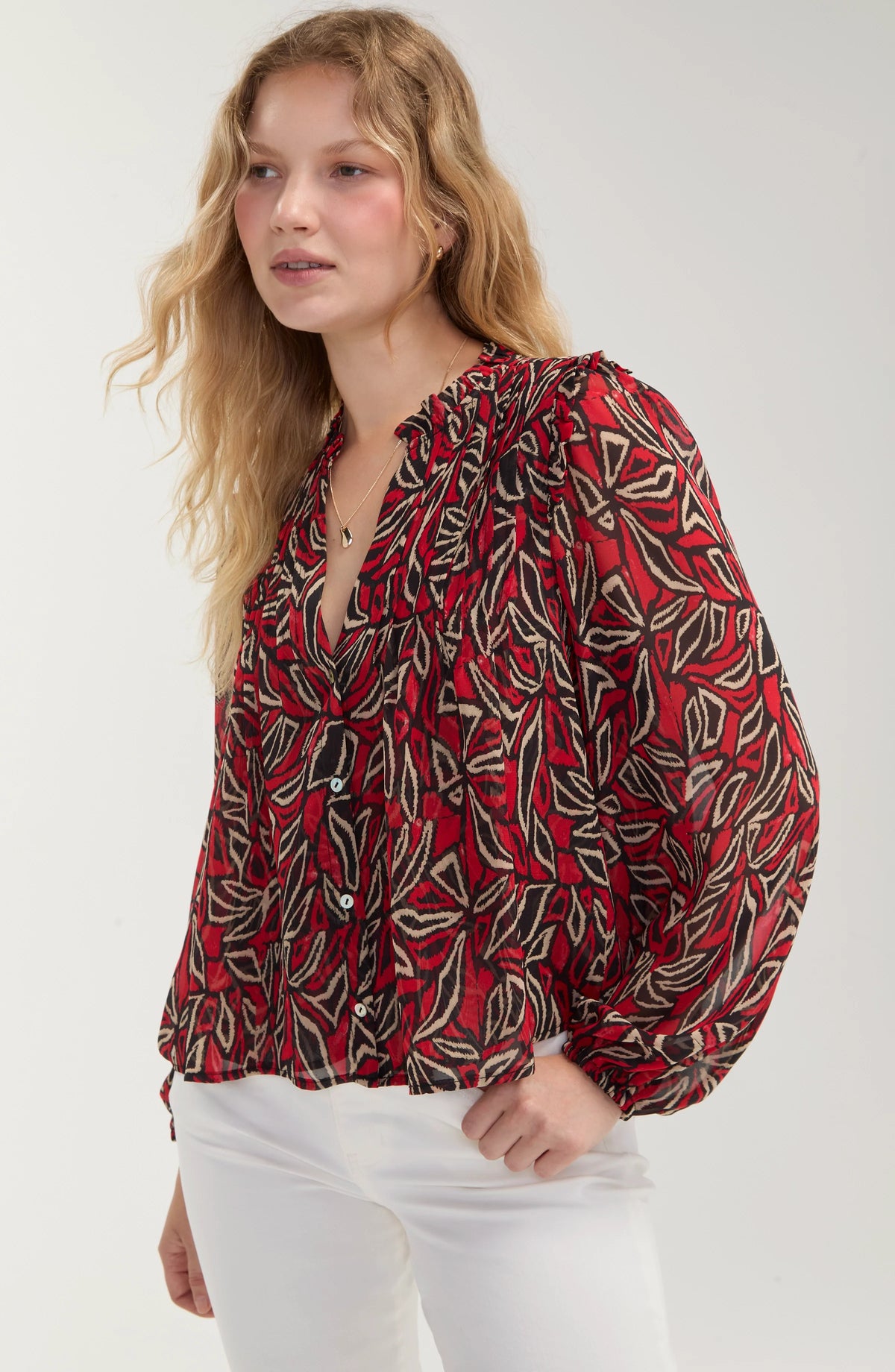 L/S Woven Blouse W/ Pintucks