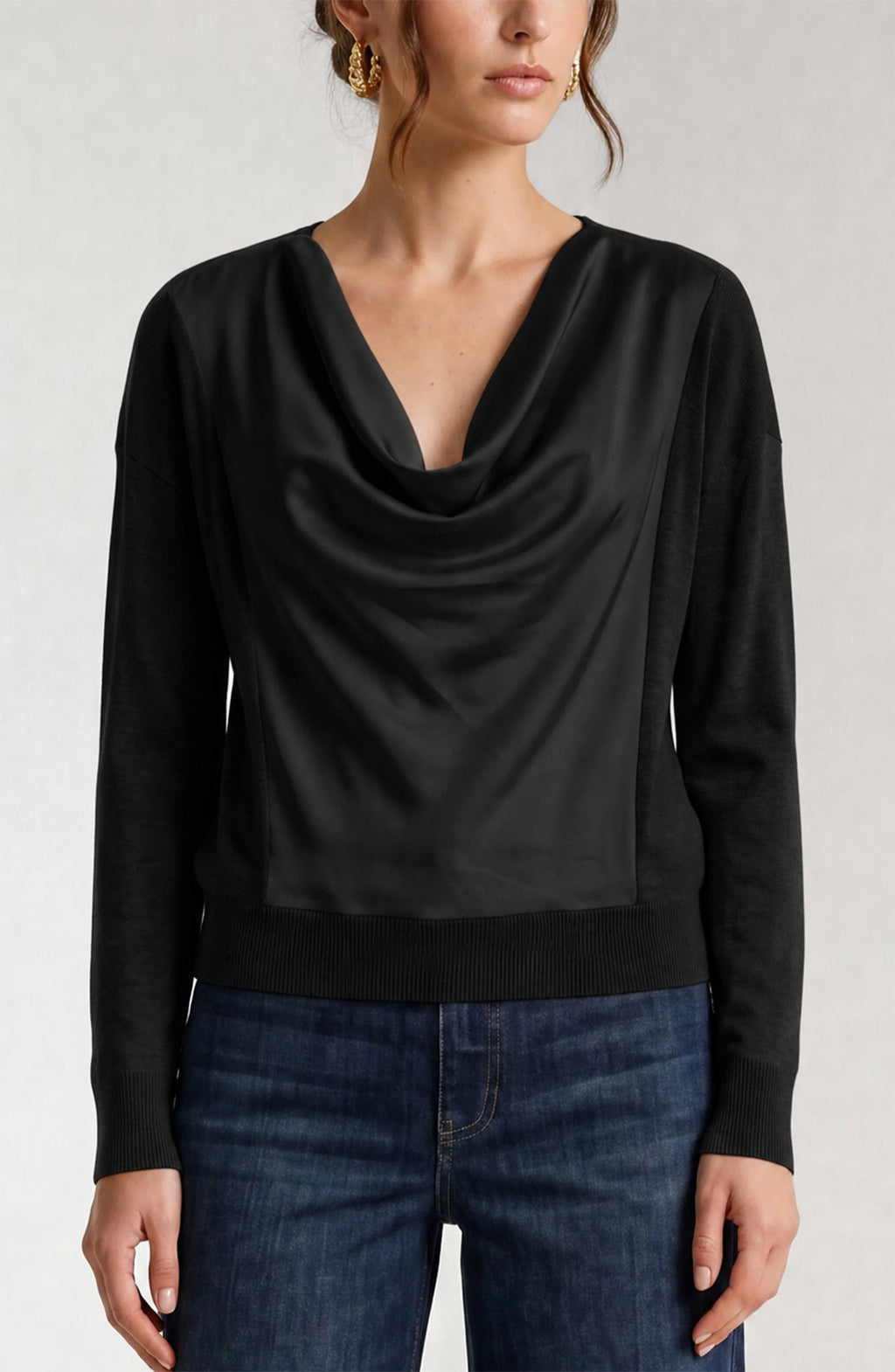 Draped Neck Mix Media Sweater