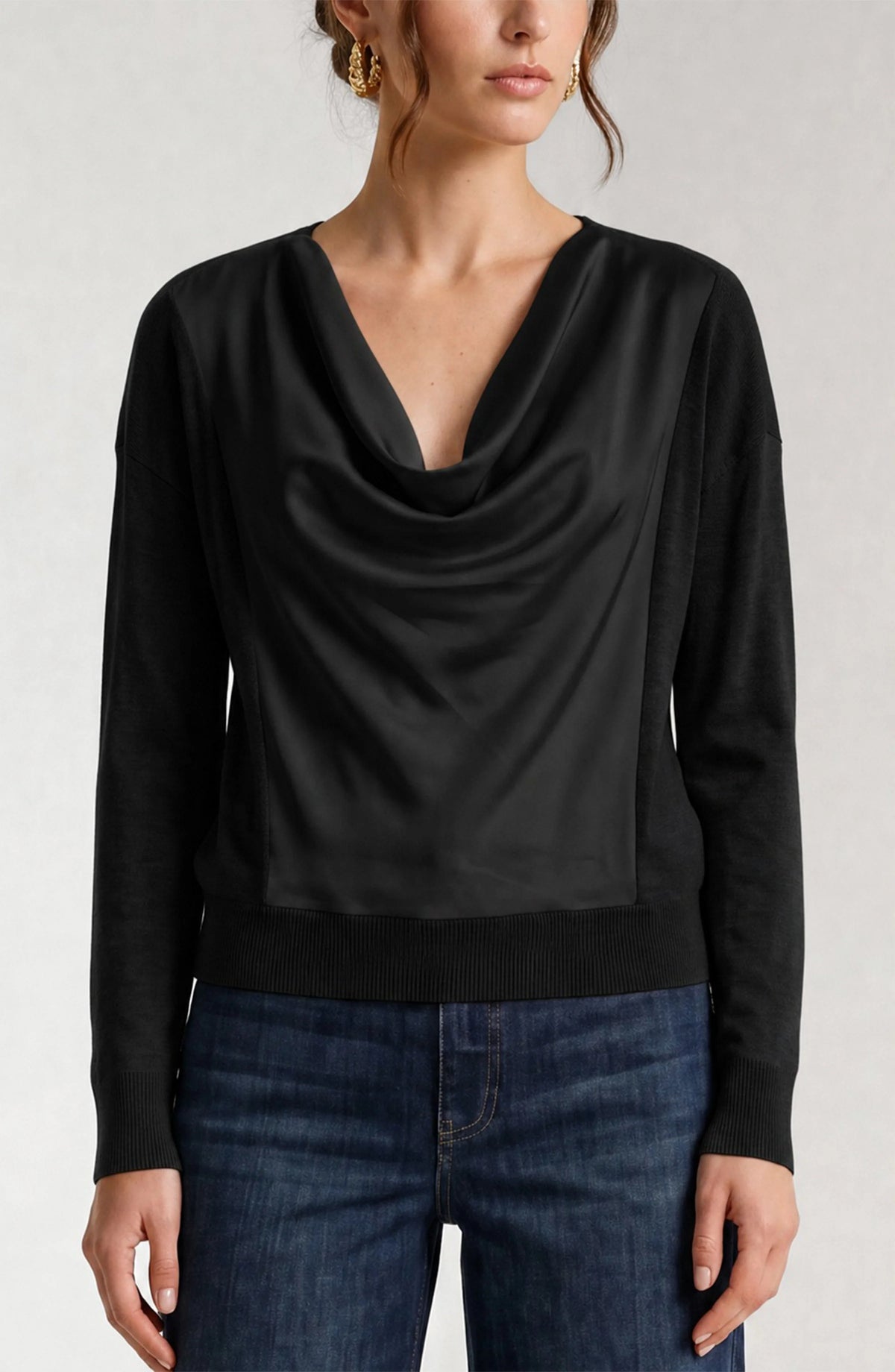 Draped Neck Mix Media Sweater