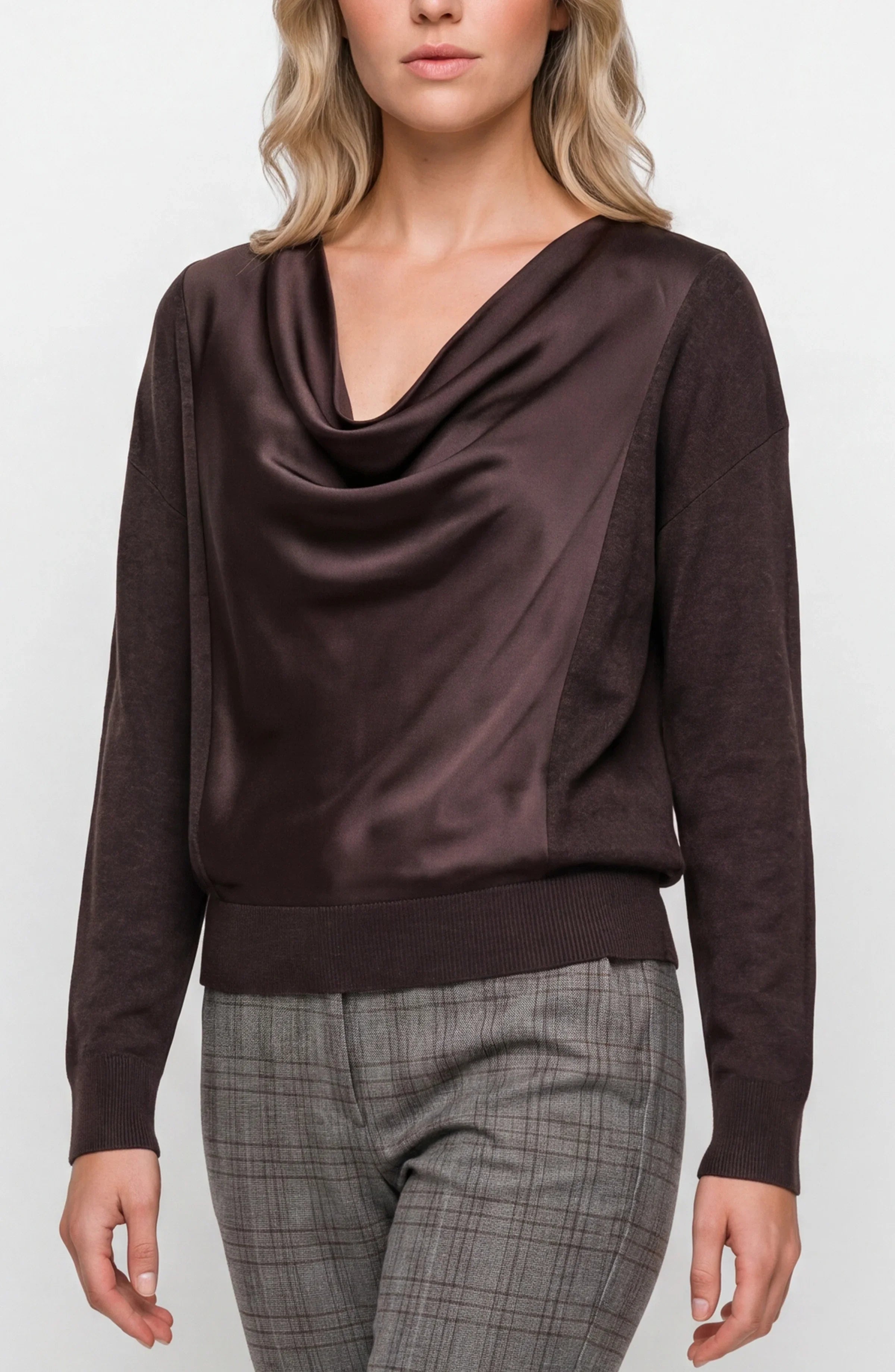 Draped Neck Mix Media Sweater