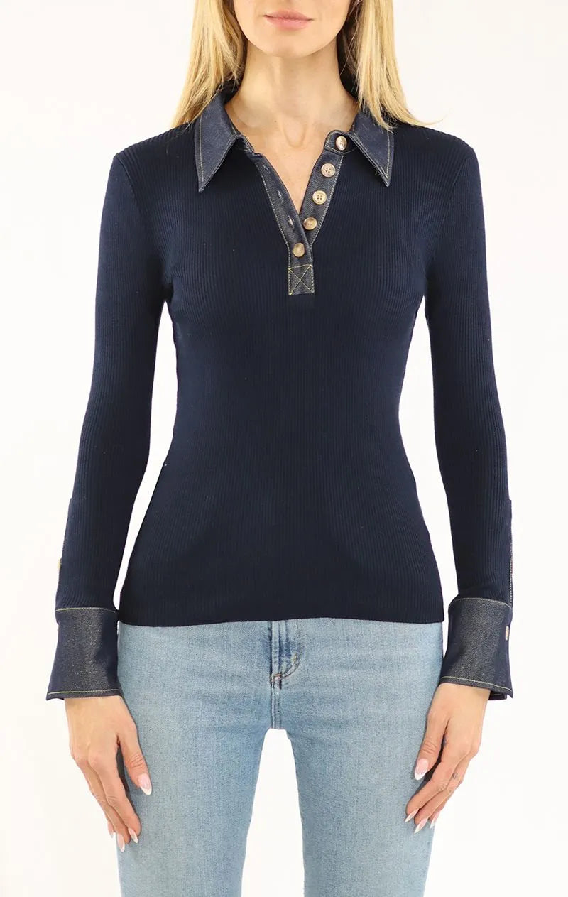 Rib Pullover w/Denim Collar