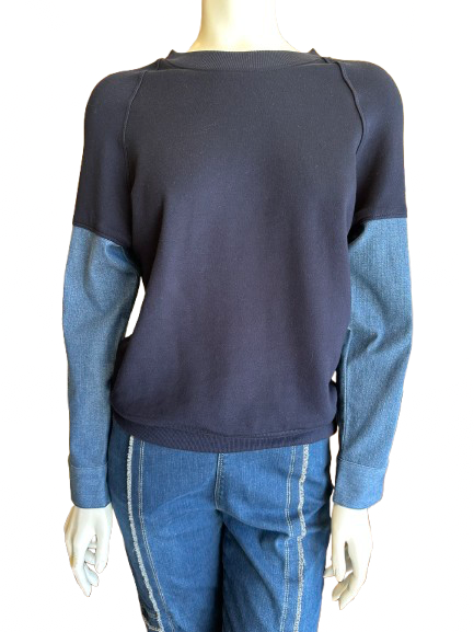 Crew Neck Sweatshirt With Denim Sleeves