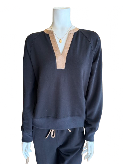 French Terry w/Faux Suede  V Neck Top