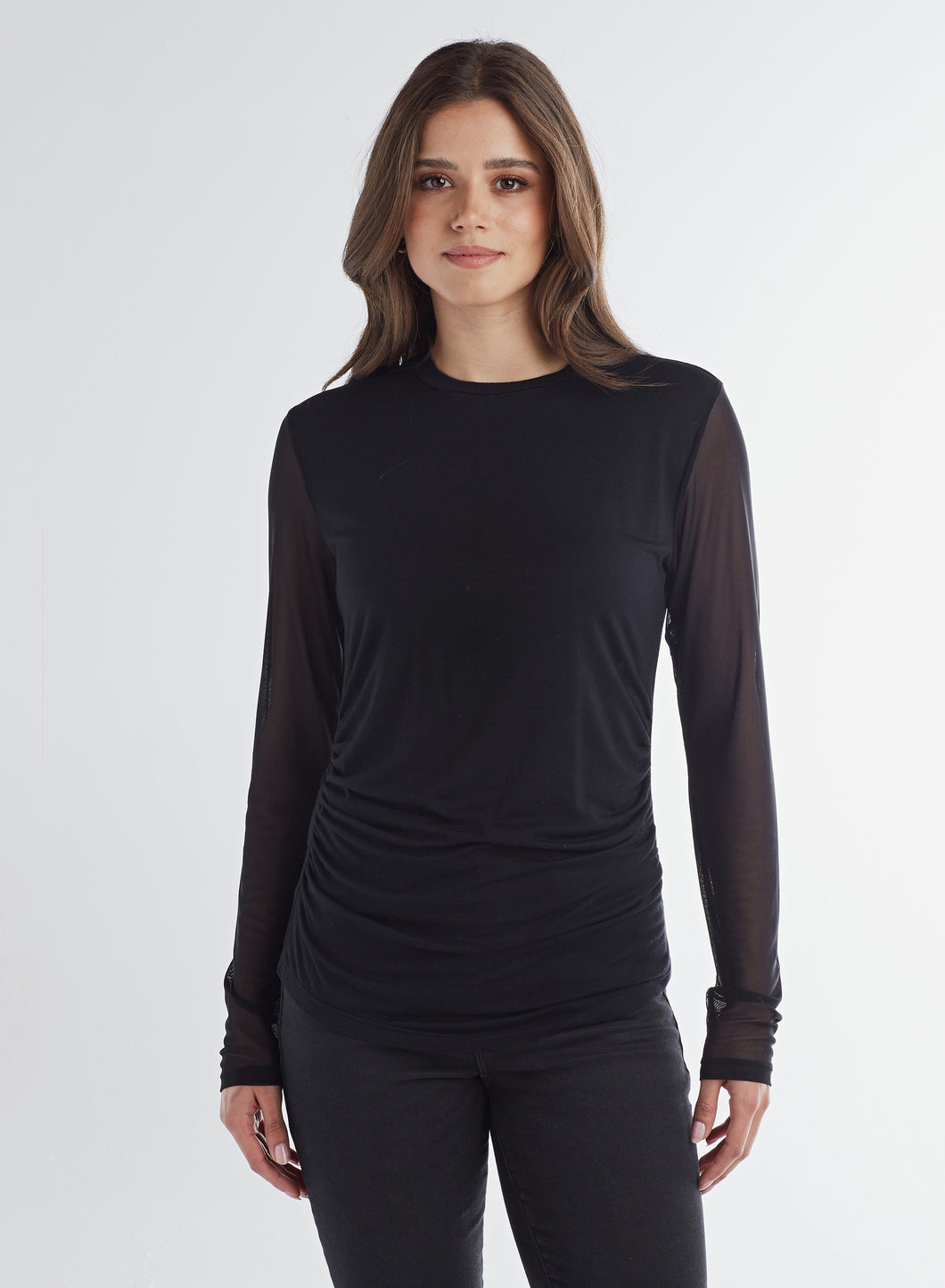 Ruched Top with Mesh Sleeves