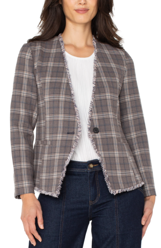 Collarless Fitted Blazer w/Fray