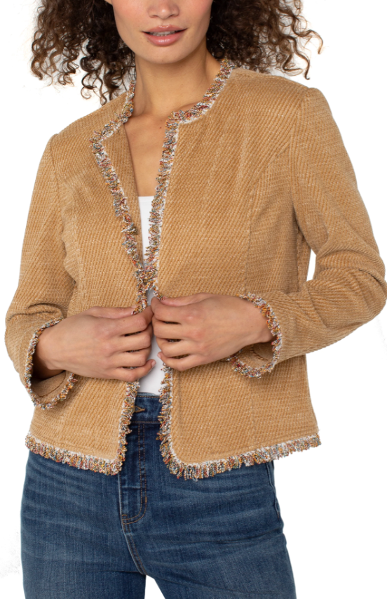 Collarless Jacket w/Frayed Edges