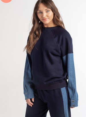 Crew Neck Sweatshirt With Denim Sleeves