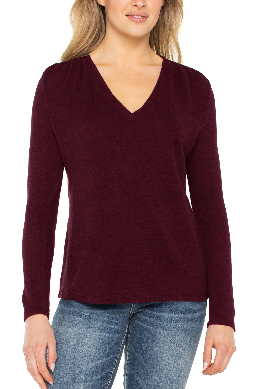 L/S V Neck Knit Top w/Shirring