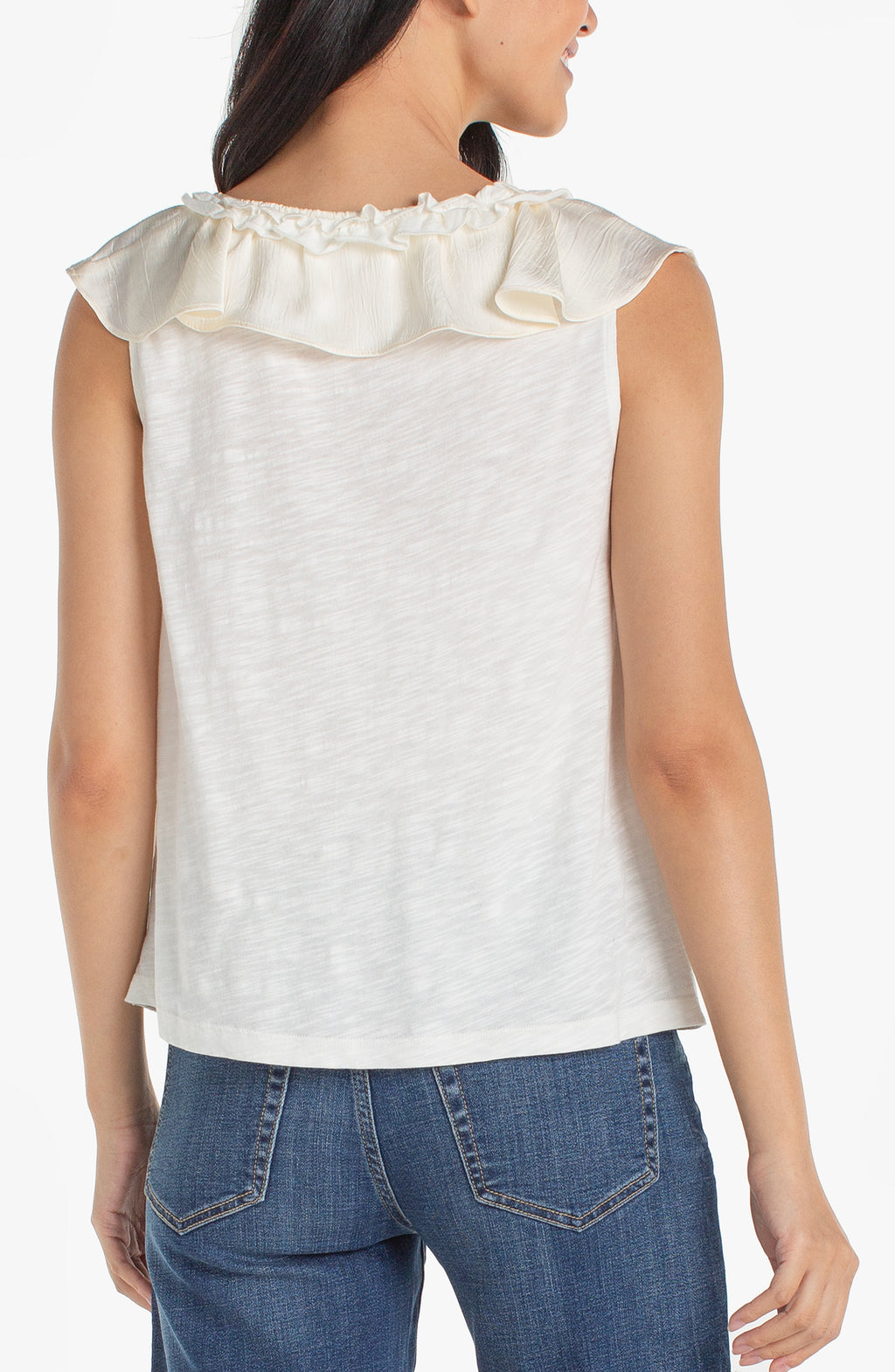 Ruffle Front Sleeveless Woven-To-Knit Top