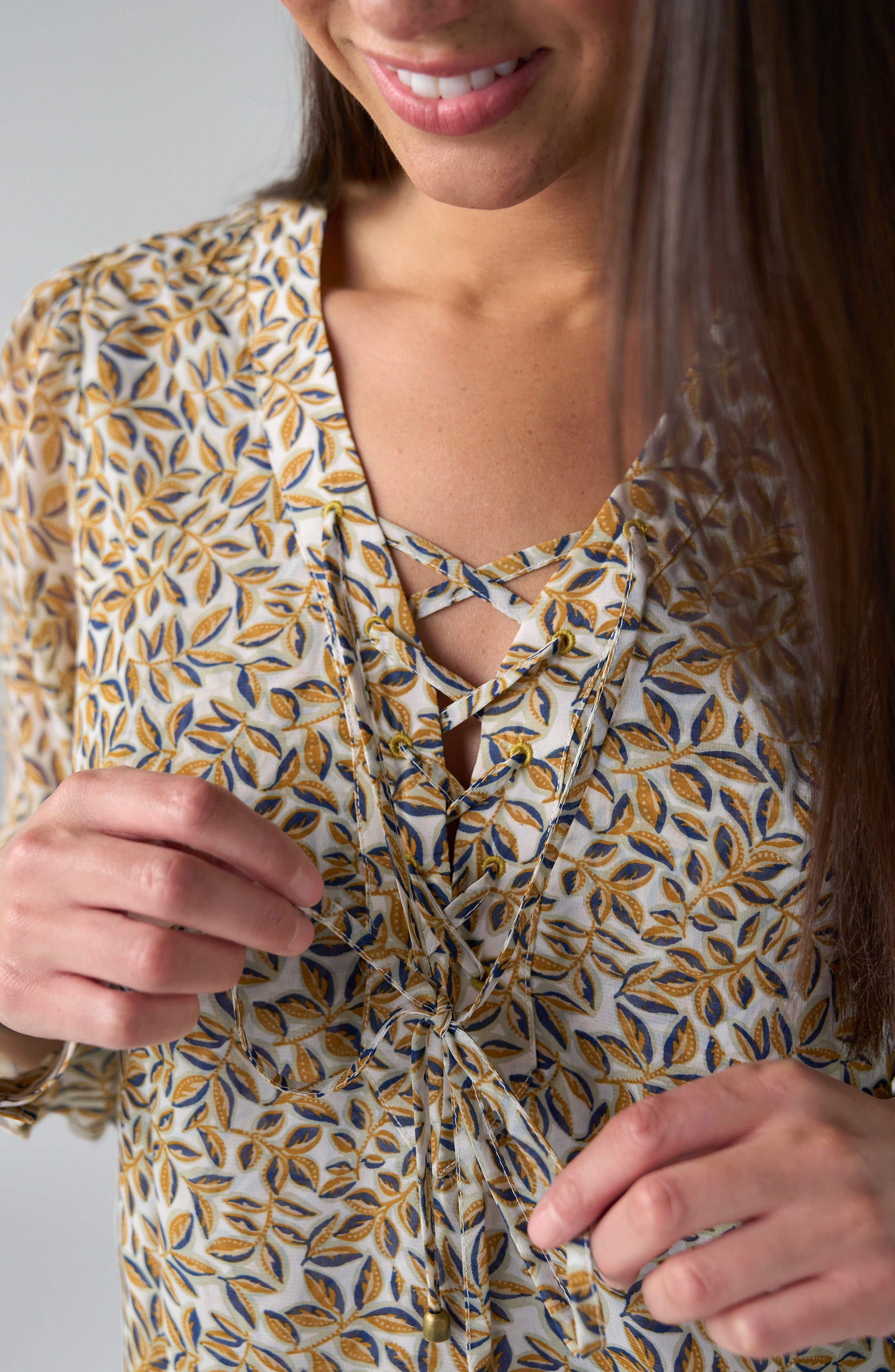 L/S Lace Up Front Woven Blouse