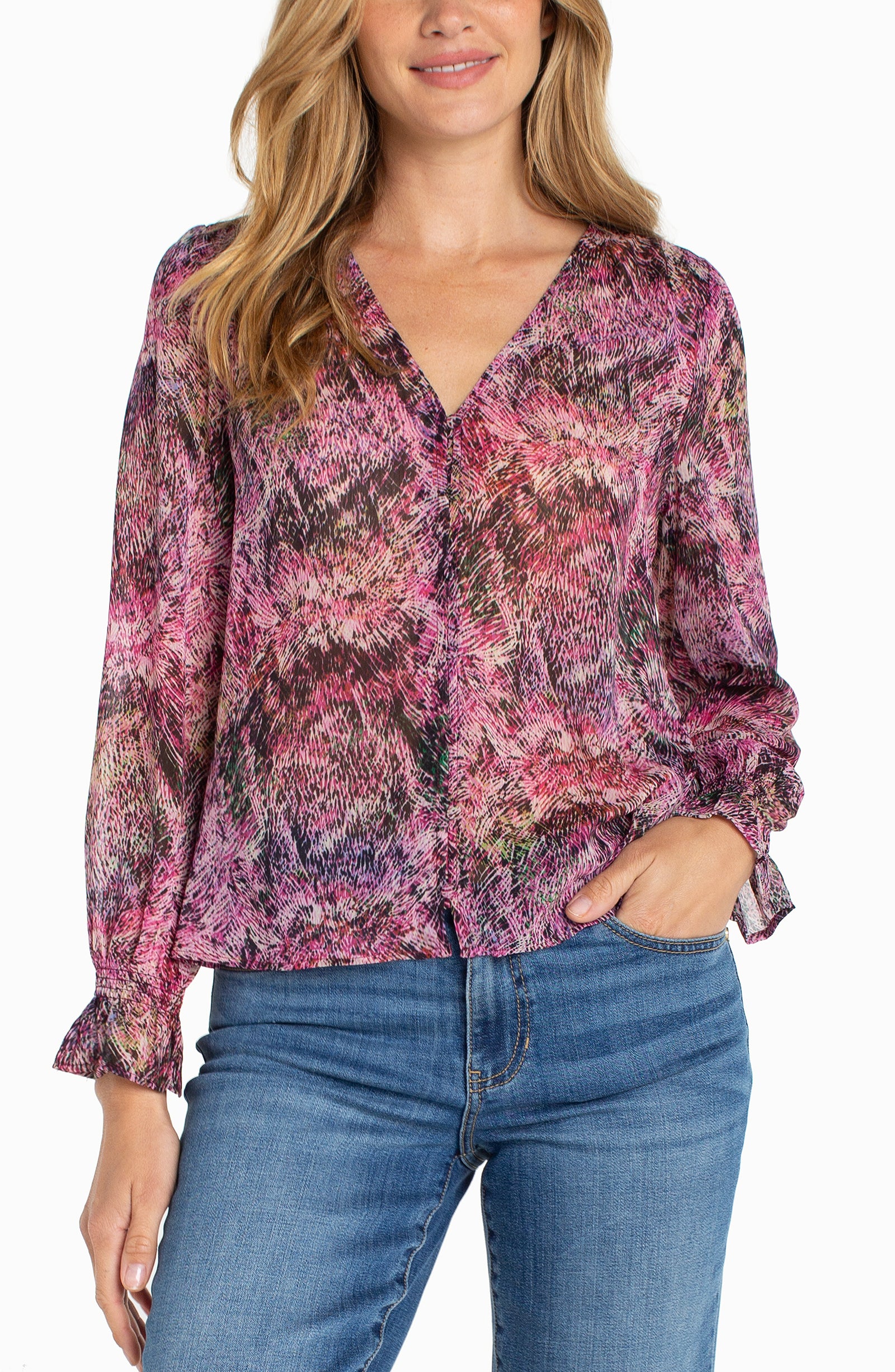 L/S Button Front Woven Top W/Smocking